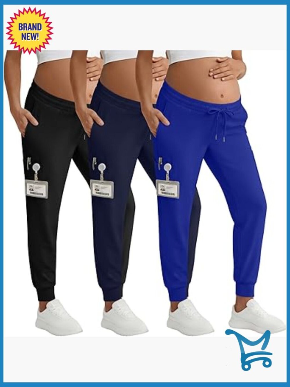 Maternity Scrub Pants 3 Pack Joggers Workwear Drawstring Underbelly Pockets